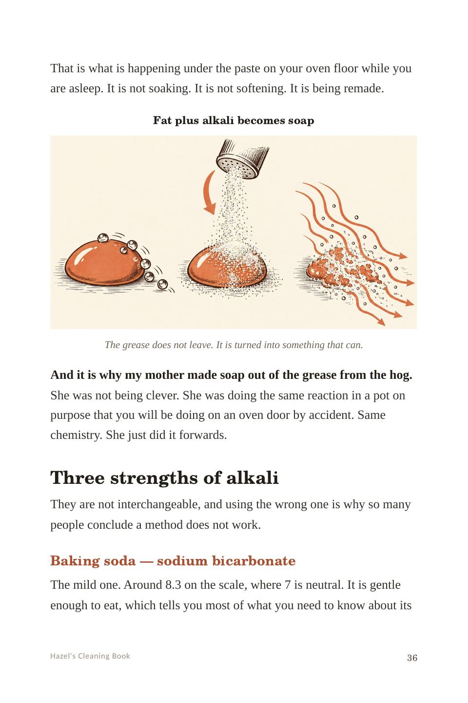 Page 36: how alkali changes grease into something water can carry away.